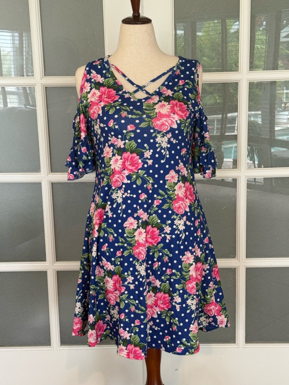 Floral Cold Shoulder Dress Blue Pink Polka Dot Medium